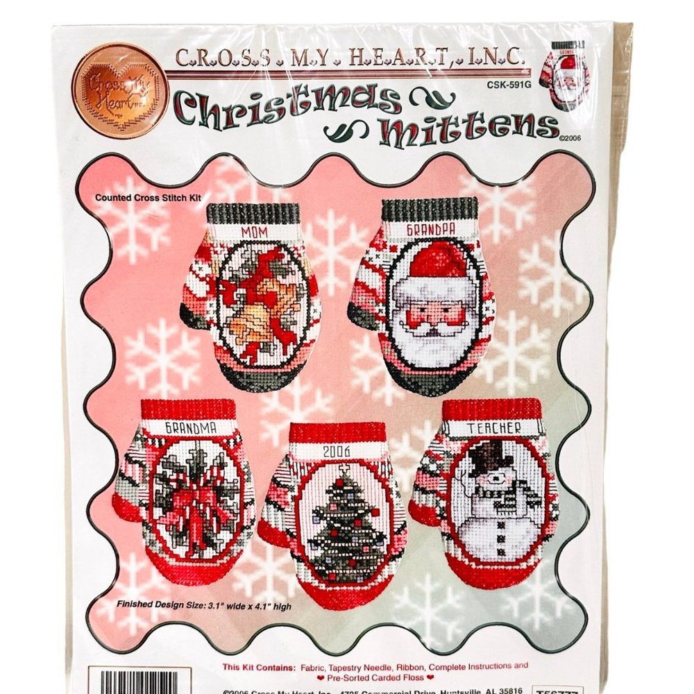 CROSS MY HEART Counted Cross Stitch Kit - 5 Mitten Designs - New/Sealed (2006)